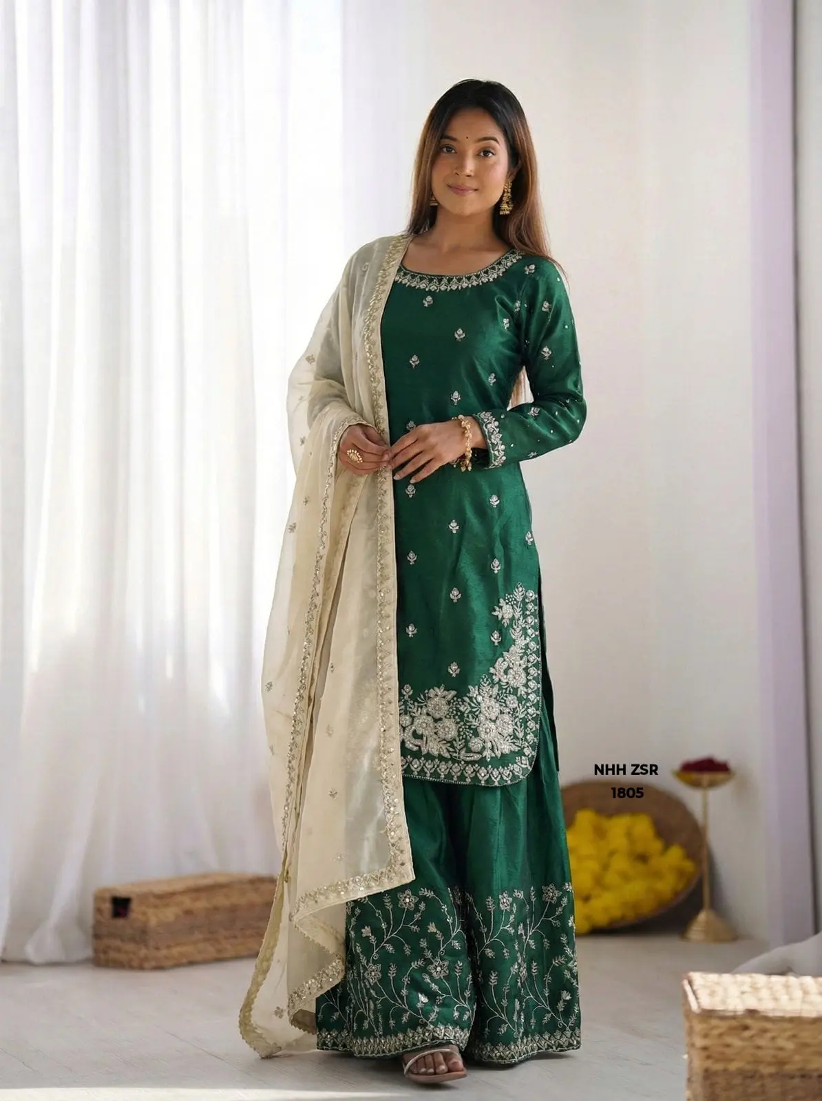Bottle Green & Beige Silk Sharara Suit